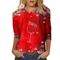 Christmas Limited Edition Women's 3D Red Snowflake Print Round Neck Long Sleeve T-shirt Fashion Casual Long Sleeve Top