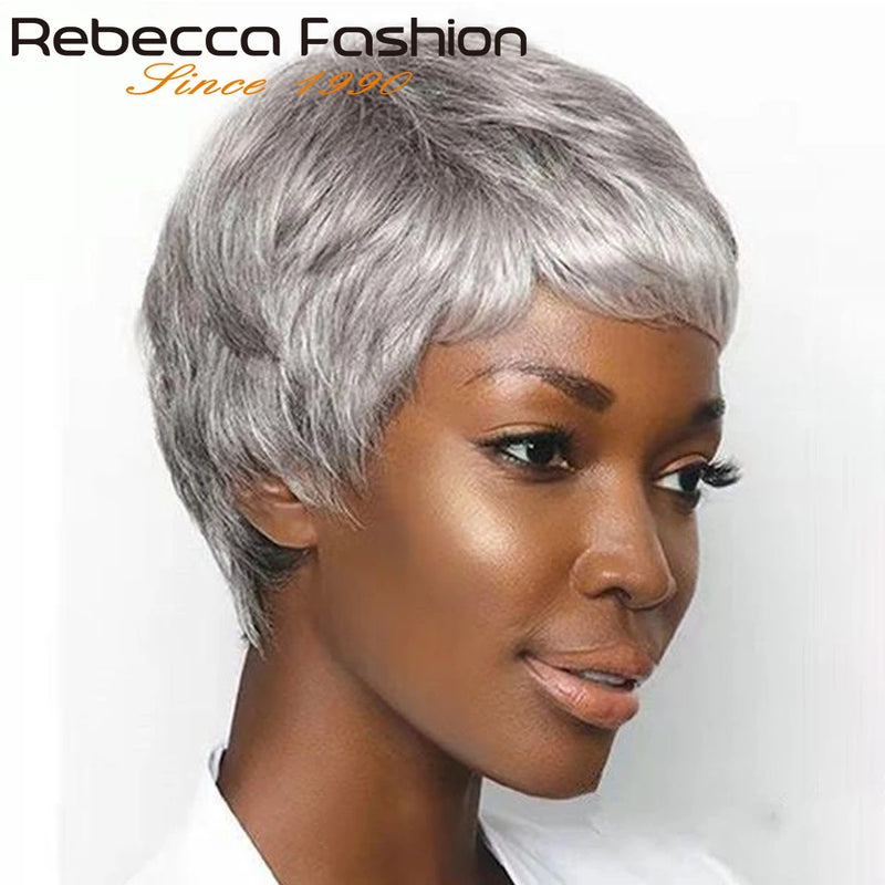 Grey Short Straight, Pixie Cut Bob, Human Hair Wig With Bangs for Women. Brazilian Remy Hair for Casual Wear-hair accessories-SWEET T 52