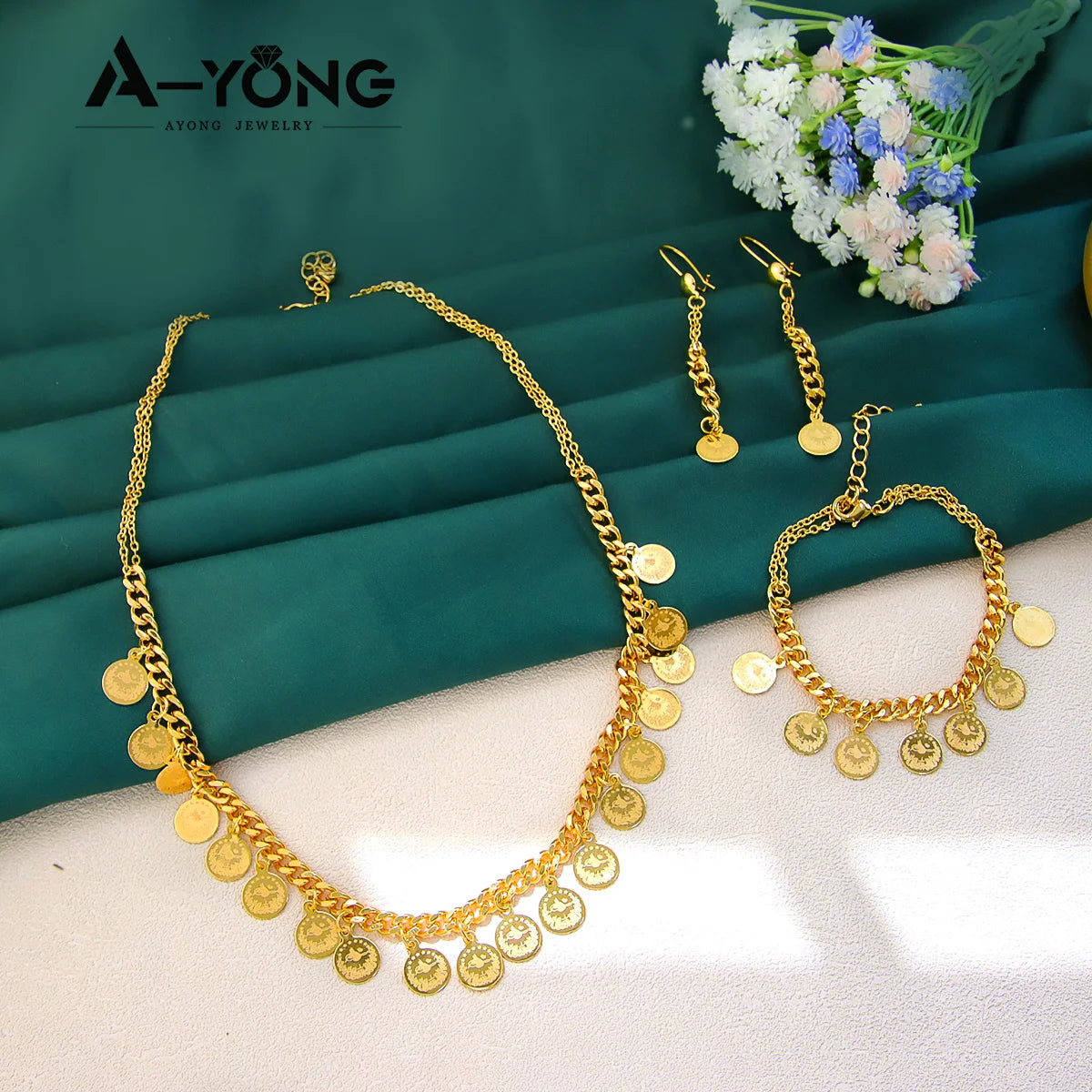 Luxury Arabic Gold Color Coins Necklace Set 21k Gold Plated Turkish Coin Chains Islamic Muslim Women Wedding Party Jewelry Sweet T 52