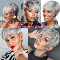 Silvery Grey Short Pixie Cut Wig with Bangs, Layered Straight Machine Made Bob Wig for Women
