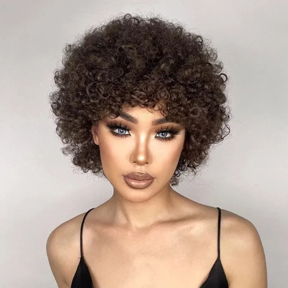 Afro Puff Pixie Bob Wig — Brazilian Remy Human Hair, Pre-Plucked Bangs, Ships from USA