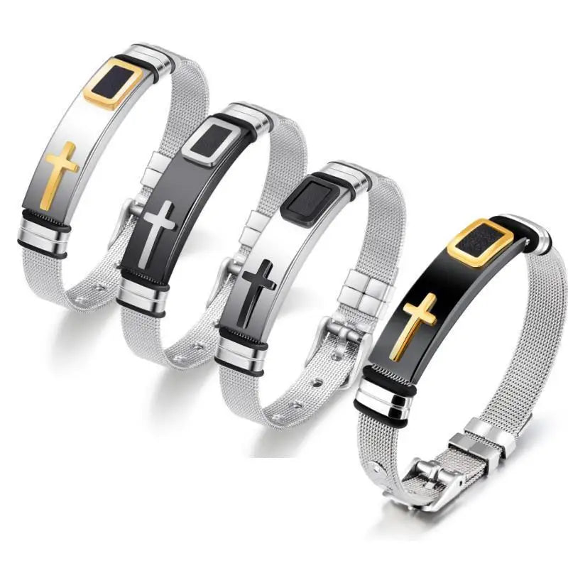 Men's Cross Prayer Strap Bracelets, Stainless Steel Net Watch Band, Male/Female, Unisex, Size Adjustable