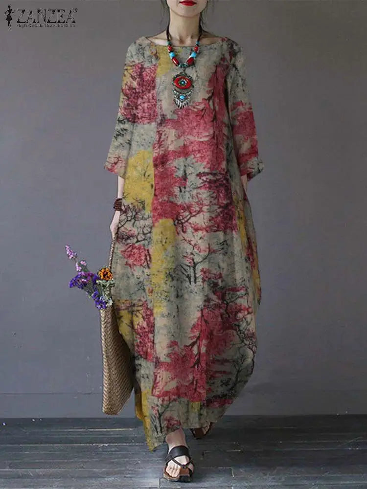 Women's Floral Printed Summer Dress, Femme Short Sleeve Long Sundress (Bohemian) Oversized Beach/Holiday Dress