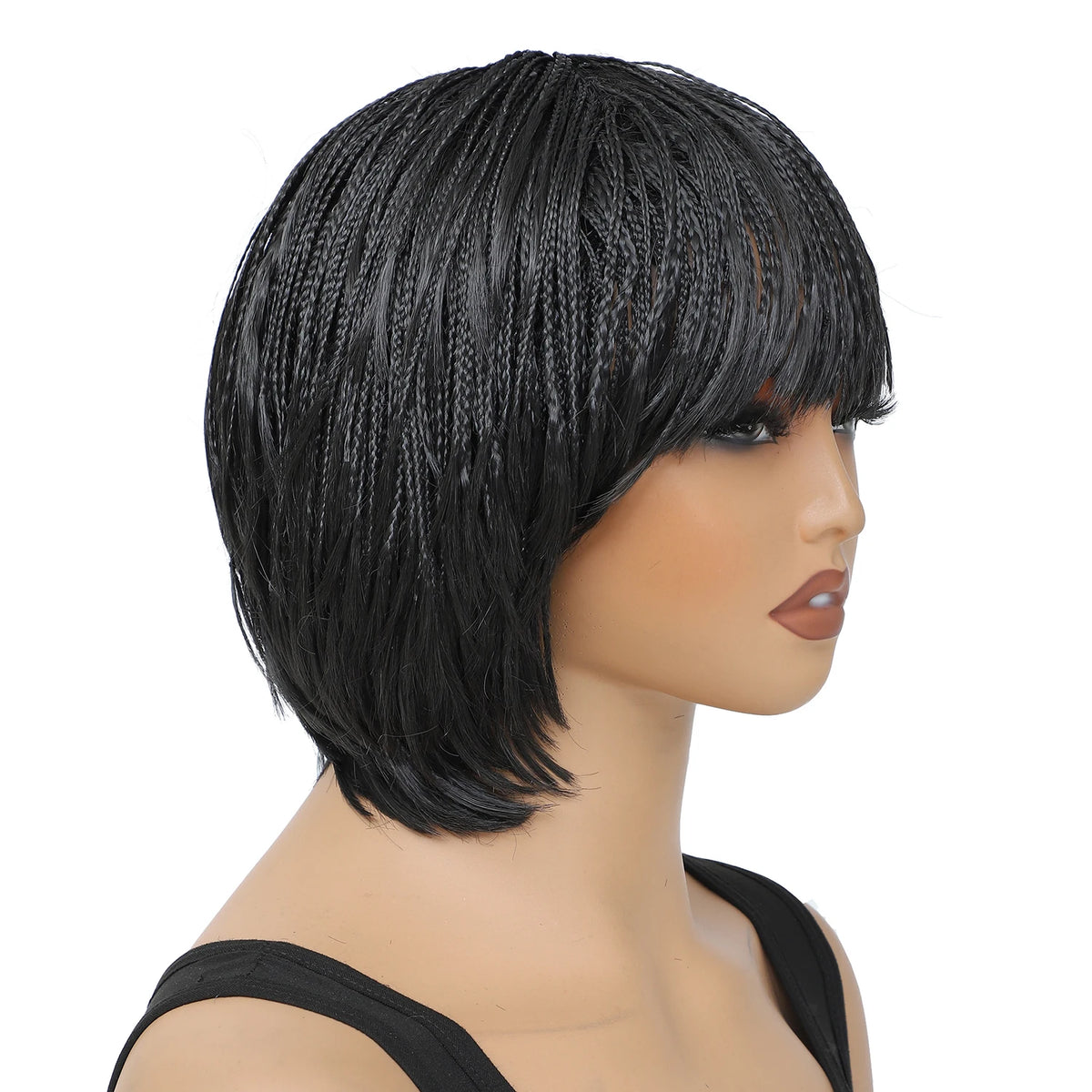 Short Braided Wig With Bangs. Synthetic Box Braids, Crochet Braiding Wigs for Women, Pixie Cut
