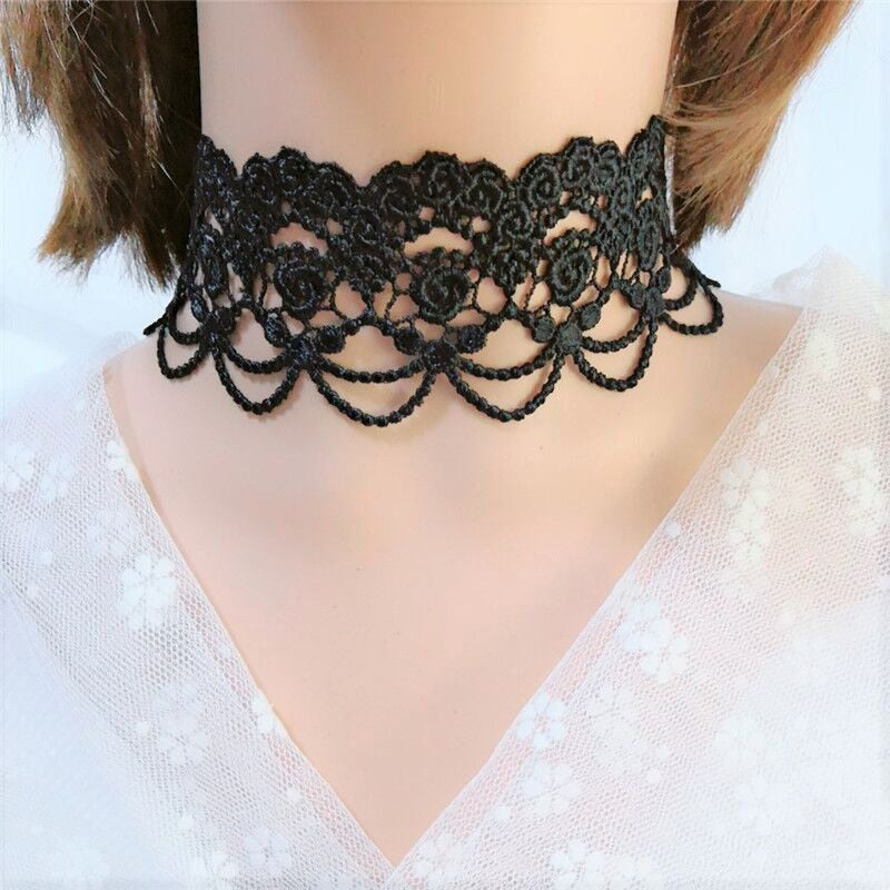 Gothic Chokers - Crystal Gear Chain, Black Lace Choker Necklace, Vintage Women's Choker - Steampunk Jewelry