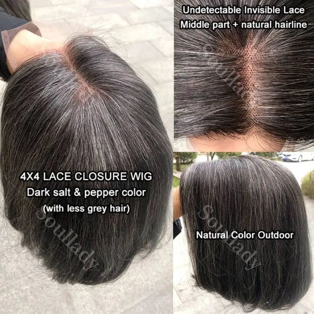 Soul Lady Glueless Ready To Go Salt And Pepper Wigs Straight Bob Real Human Hair Wigs 4x4 Lace Closure Wigs For Older Women Sweet T 52