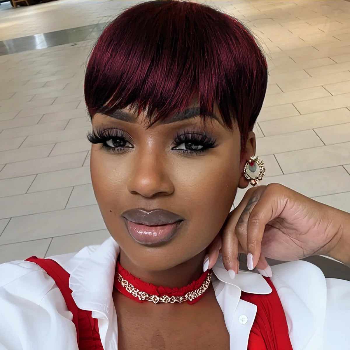 ﻿ 100% Human Hair Straight Short Pixie Cut Wig with Bangs  - Tangle-Free, Natural Hairline, Full Machine Made  for Women