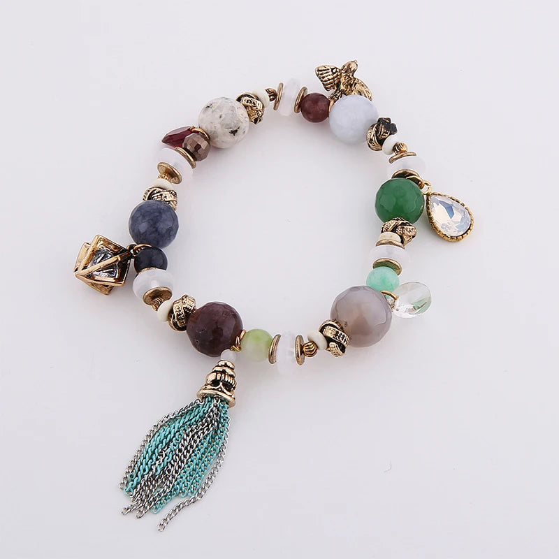 Natural Stone Bracelets - Gold Color Metal, Star Charm, White Beads, Elastic Bracelet. Luxury Fashion Jewelry Bracelets for Women