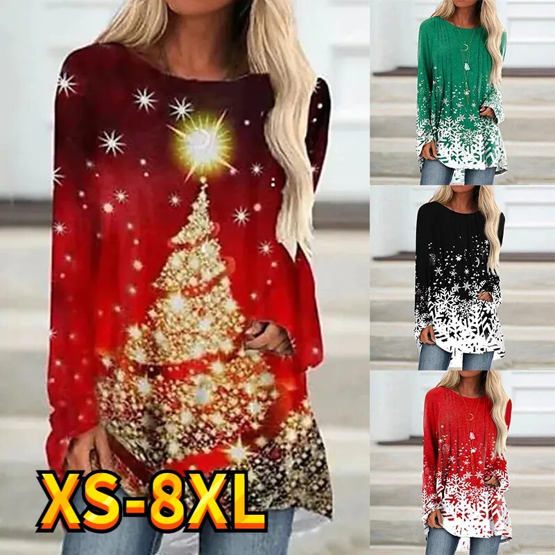 Women's Christmas Tee with Long Sleeves in a Pullover Style with O-Neck - XS to 8XL Sizes