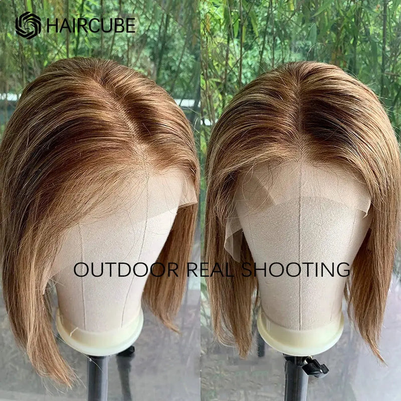 Human Hair 13x1 Lace Front Wig for Women & Girls, Shoulder Length Bob {Straight} with Highlights - Heat Resistant