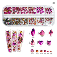 12Gird Box Multi Size AB/Colorful Non-Hotfix Rhinestones Flatback Crystal Diamond Gems 3D Glitter Nail Art Luxurious Decorations SWEET T 52