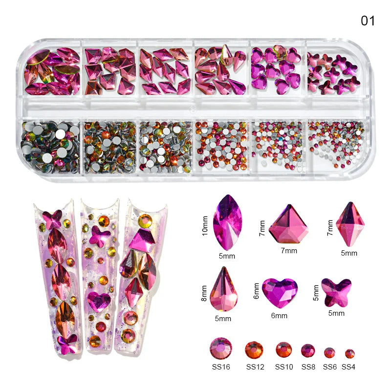 12Gird Box Multi Size AB/Colorful Non-Hotfix Rhinestones Flatback Crystal Diamond Gems 3D Glitter Nail Art Luxurious Decorations