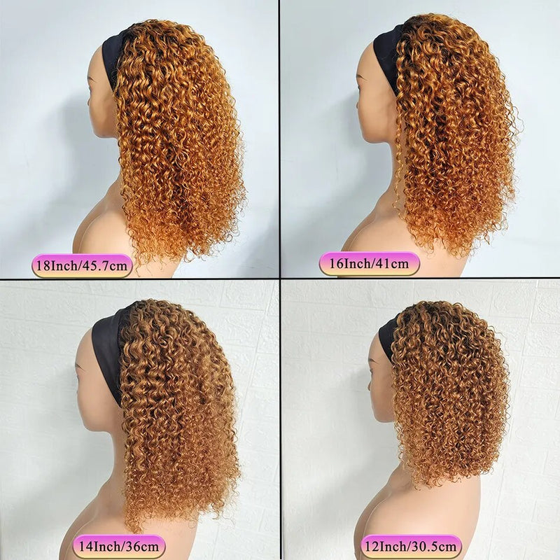 Wear And Go Glueless Human Hair Wig, Ombre Brown Kinky Curly Headband Wigs For Women & Girls