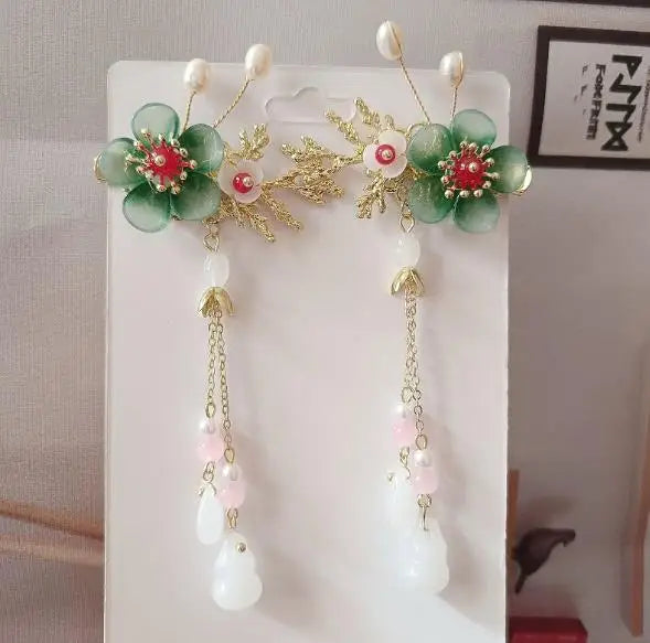 2pcs/set Chinese Style Pink Blue Flower Pearls, Long Tassel Hairpins, Clips, Headpieces for Kids.