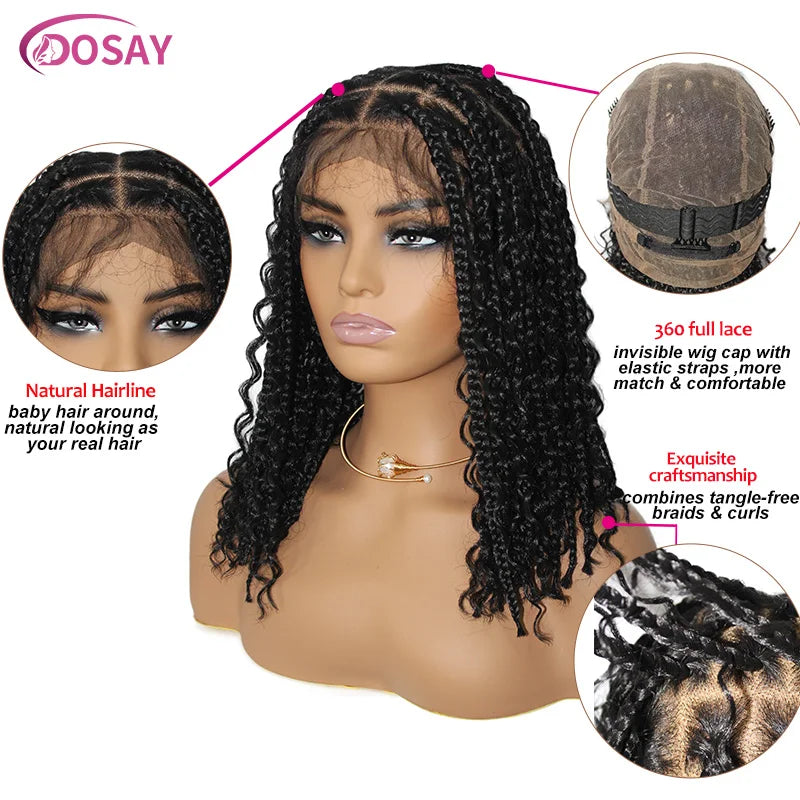 Synthetic Curly Wigs for Women, Short Bob, 360 Full Lace Braided Wigs, 12 Inch Boho Knotless Braided Wigs, Pre-Plucked Baby Hair