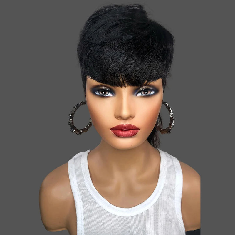 Mullet Wigs - Short Pixie Cut Wigs - Full Machine Made Wigs with Bangs, Glueless Human Hair Wigs for Women