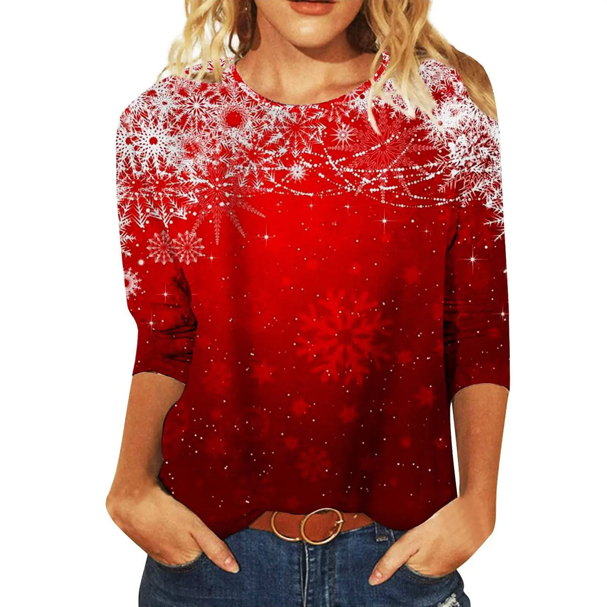 Christmas Limited Edition Women's 3D Red Snowflake Print Round Neck Long Sleeve T-shirt Fashion Casual Long Sleeve Top