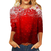 Christmas Limited Edition Women's 3D Red Snowflake Print Round Neck Long Sleeve T-shirt Fashion Casual Long Sleeve Top