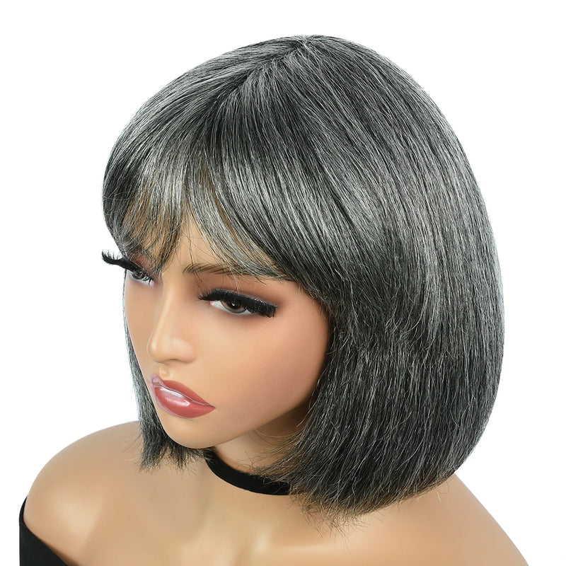 Salt & Pepper/Gray BOB Wigs, Short Human Hair, Full Machine Made Wigs for Women. Straight BOB with Bangs.