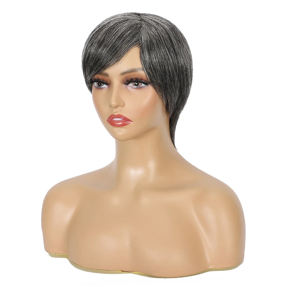Ombre Grey Short Pixie Cut Wig with Bangs Salt and Pepper Human Hair Wig Pre Plucked Glueless Gray Bob Wig Full Machine Made Sweet T 52