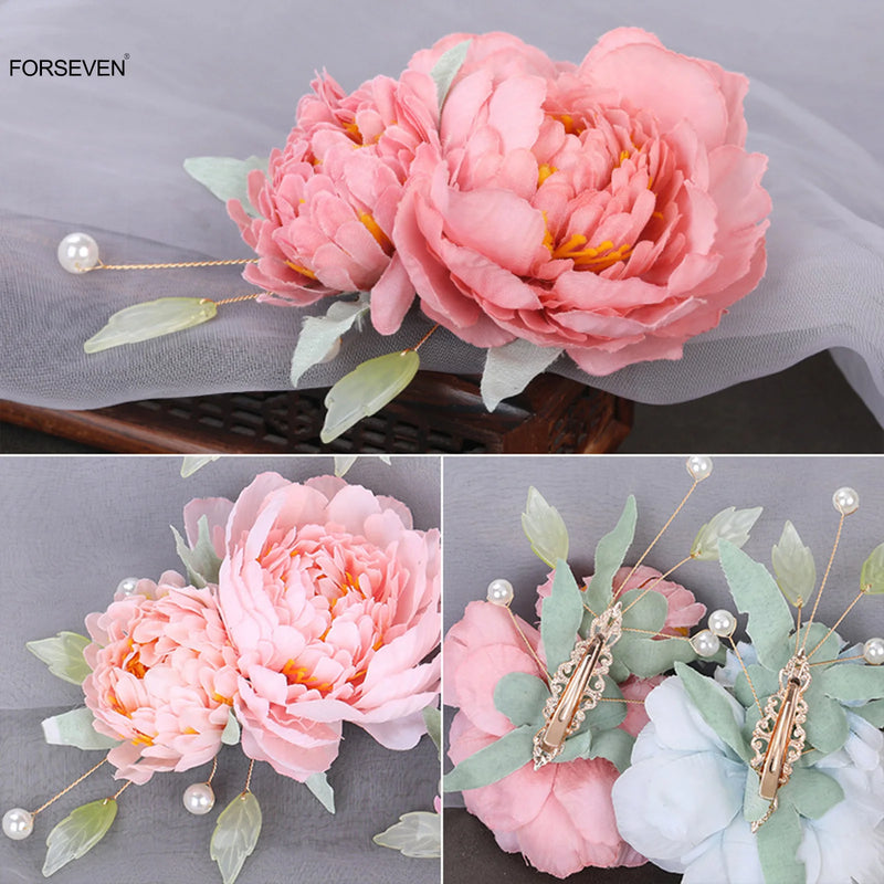 Silk Flower Hairpins/Side Clips, Chinese Style Hair Accessories for Women & Girls. Floral Hairclips, Hanfu Dress-hair accessories-SWEET T 52