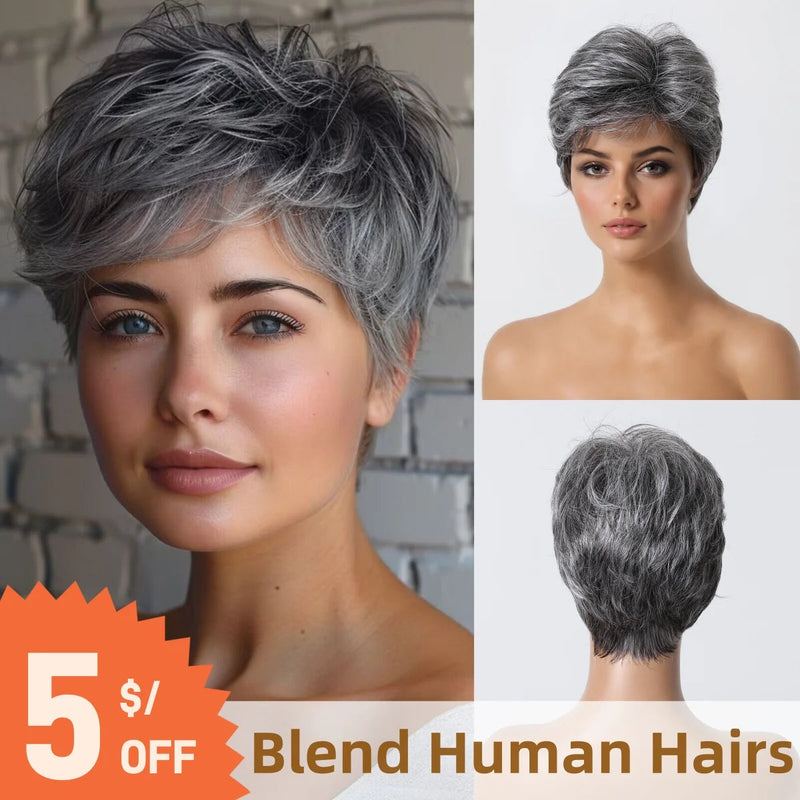Short Pixie Cut Grey Human Hair Wig - 8 Inch Layered Fashion Blend Wig for Women, Daily Use Sweet T 52