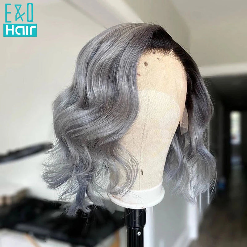 Salt & Pepper Short Bob Lace Front Wigs - Human Hair For Women, Ombre Colored, Wavy, Transparent Lace T Part Wigs, Pre-Plucked