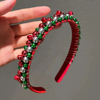 1pc Christmas Headband with Red & Green Beads, Golden Bells, Hand-Wrapped Party Hairband for Women, Holiday Photoshoots