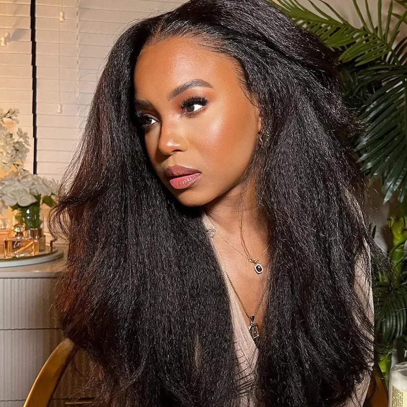 Soft Yaki, 180 Density, 26“ Long Kinky Straight Synthetic 13X4 Lace Frontal Wig For Women , Glueless, Preplucked Baby Hair