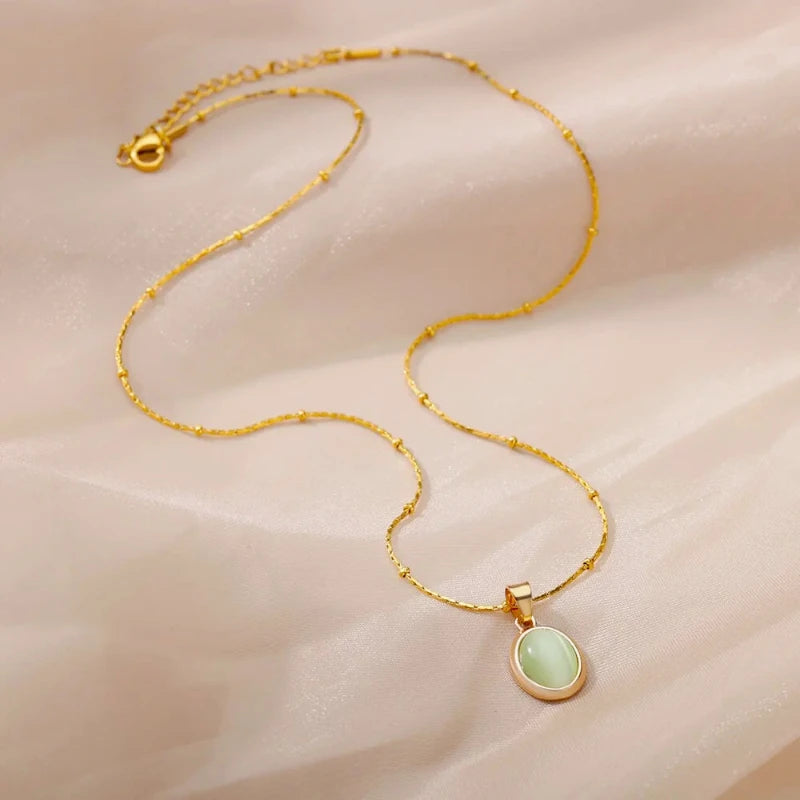 Green Opal Oval Pendant Necklace, Stainless Steel