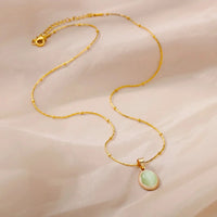 Green Opal Oval Pendant Necklace, Stainless Steel
