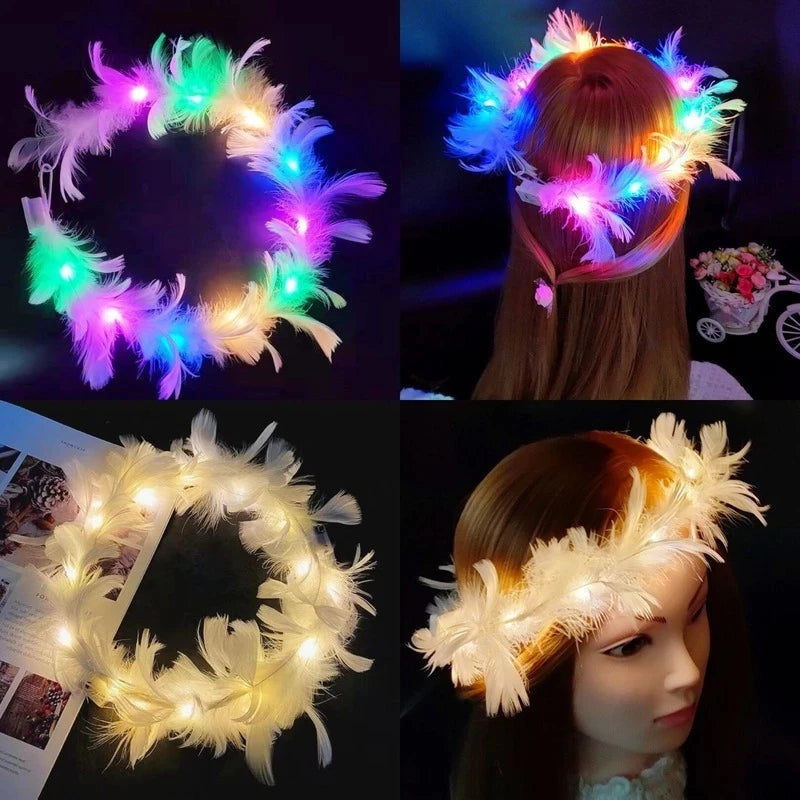 LED Light-Up Angel Headband - Feather Wreath/Crown Headband, Luminous Headdress For Women Girls