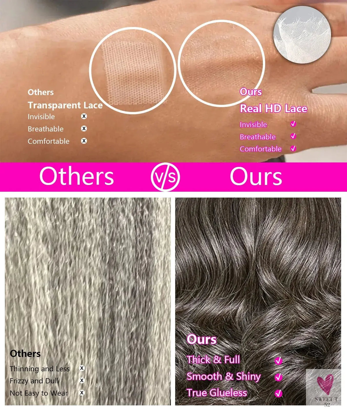 Salt & Pepper Body Wave Wigs - HD Transparent 5x5 Closure Short Lace Bob Wigs, 100% Brazilian Remy Human Hair Sweet T 52