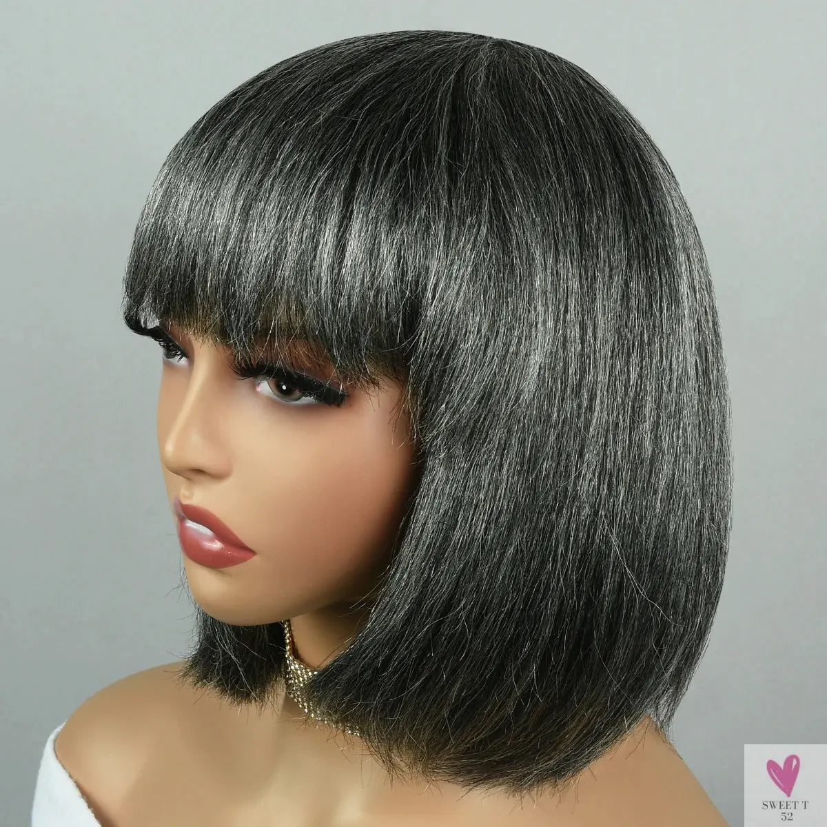 Salt & Pepper/Gray BOB Wigs, Short Human Hair, Full Machine Made Wigs for Women. Straight BOB with Bangs. Sweet T 52