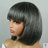 Salt & Pepper/Gray BOB Wigs, Short Human Hair, Full Machine Made Wigs for Women. Straight BOB with Bangs. Sweet T 52