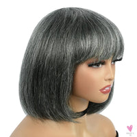 Salt & Pepper/Gray BOB Wigs, Short Human Hair, Full Machine Made Wigs for Women. Straight BOB with Bangs. Sweet T 52