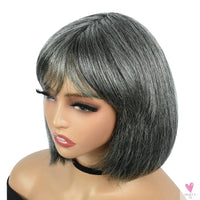 Salt & Pepper/Gray BOB Wigs, Short Human Hair, Full Machine Made Wigs for Women. Straight BOB with Bangs. Sweet T 52