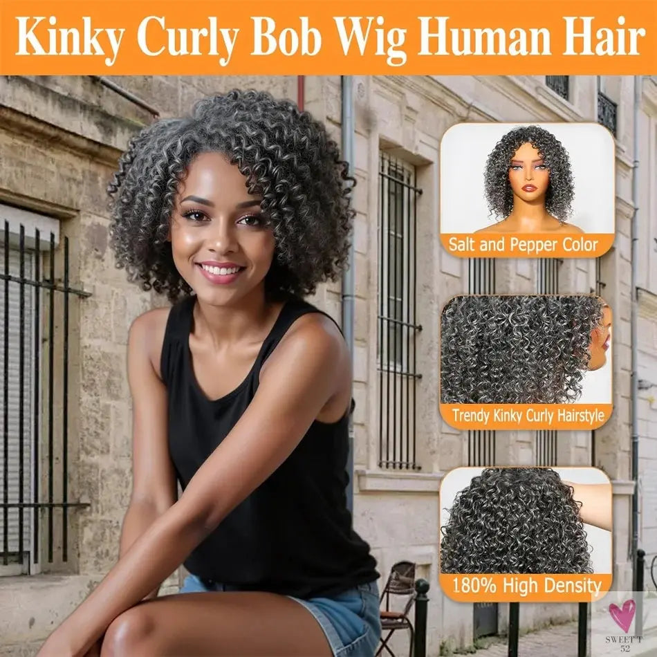 Salt & Pepper Wigs - Human Hair HD Grey Lace Front Human Hair Pre-Plucked Hairline, Deep Curly Bob Wigs Sweet T 52