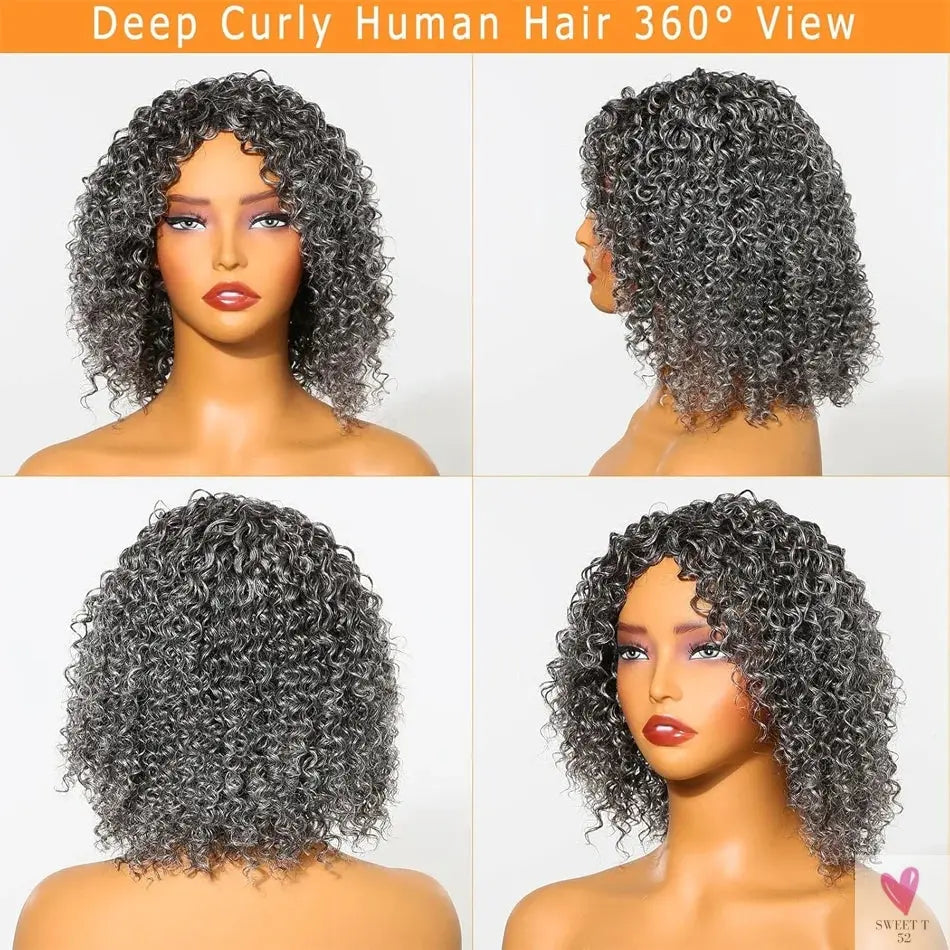 Salt & Pepper Wigs - Human Hair HD Grey Lace Front Human Hair Pre-Plucked Hairline, Deep Curly Bob Wigs Sweet T 52