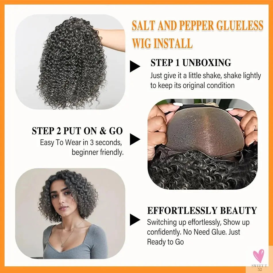 Salt & Pepper Wigs - Human Hair HD Grey Lace Front Human Hair Pre-Plucked Hairline, Deep Curly Bob Wigs Sweet T 52