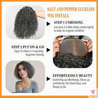 Salt & Pepper Wigs - Human Hair HD Grey Lace Front Human Hair Pre-Plucked Hairline, Deep Curly Bob Wigs Sweet T 52