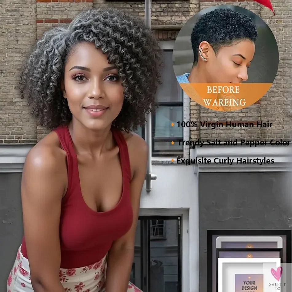 Salt & Pepper Wigs - Human Hair HD Grey Lace Front Human Hair Pre-Plucked Hairline, Deep Curly Bob Wigs Sweet T 52