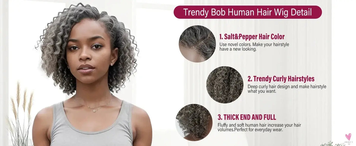Salt & Pepper Wigs - Human Hair HD Grey Lace Front Human Hair Pre-Plucked Hairline, Deep Curly Bob Wigs Sweet T 52