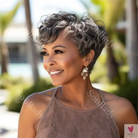 Salt and Pepper Short Pixie Cut Wig, Natural Wave Bob Human Hair, Glueless Wig For Seniors Sweet T 52