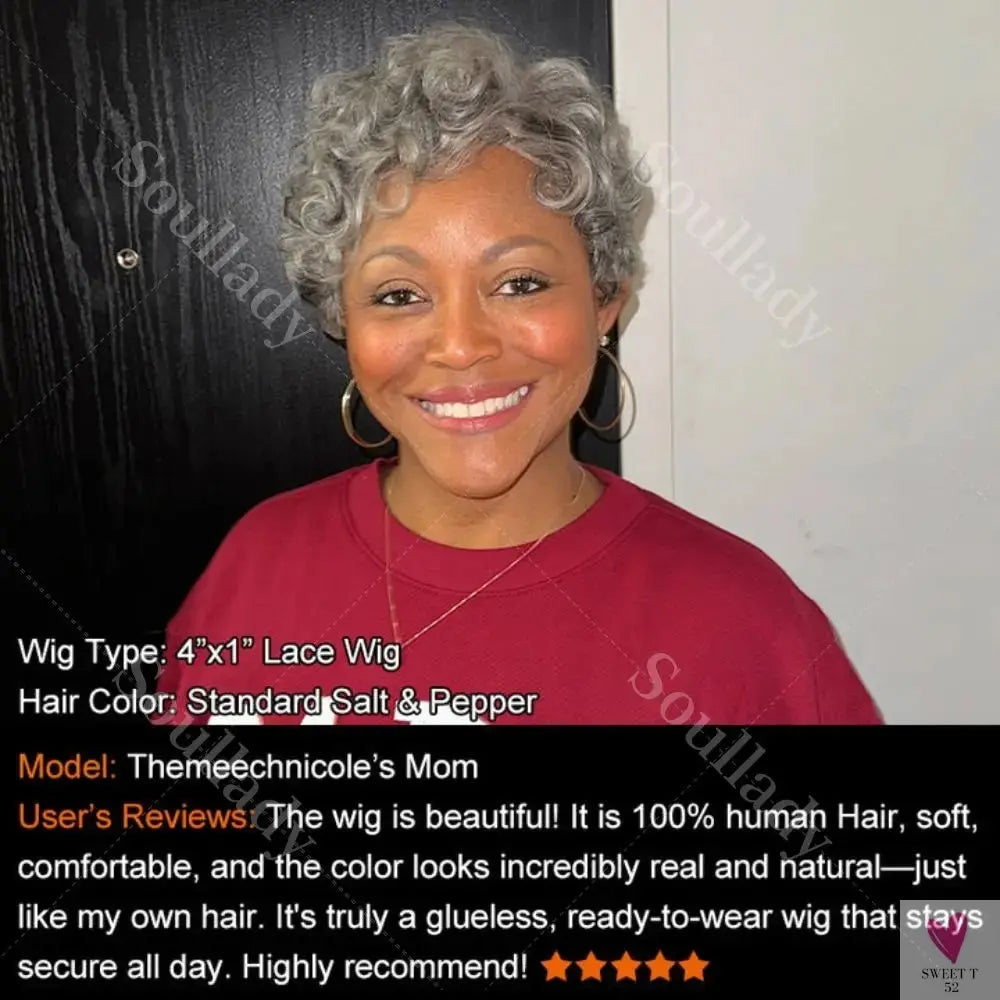 Salt and Pepper Short Pixie Cut Wig, Natural Wave Bob Human Hair, Glueless Wig For Seniors Sweet T 52