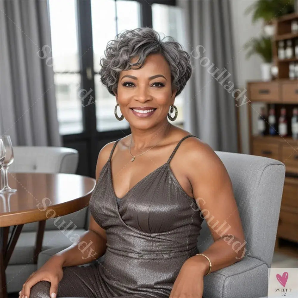 Salt and Pepper Short Pixie Cut Wig, Natural Wave Bob Human Hair, Glueless Wig For Seniors Sweet T 52