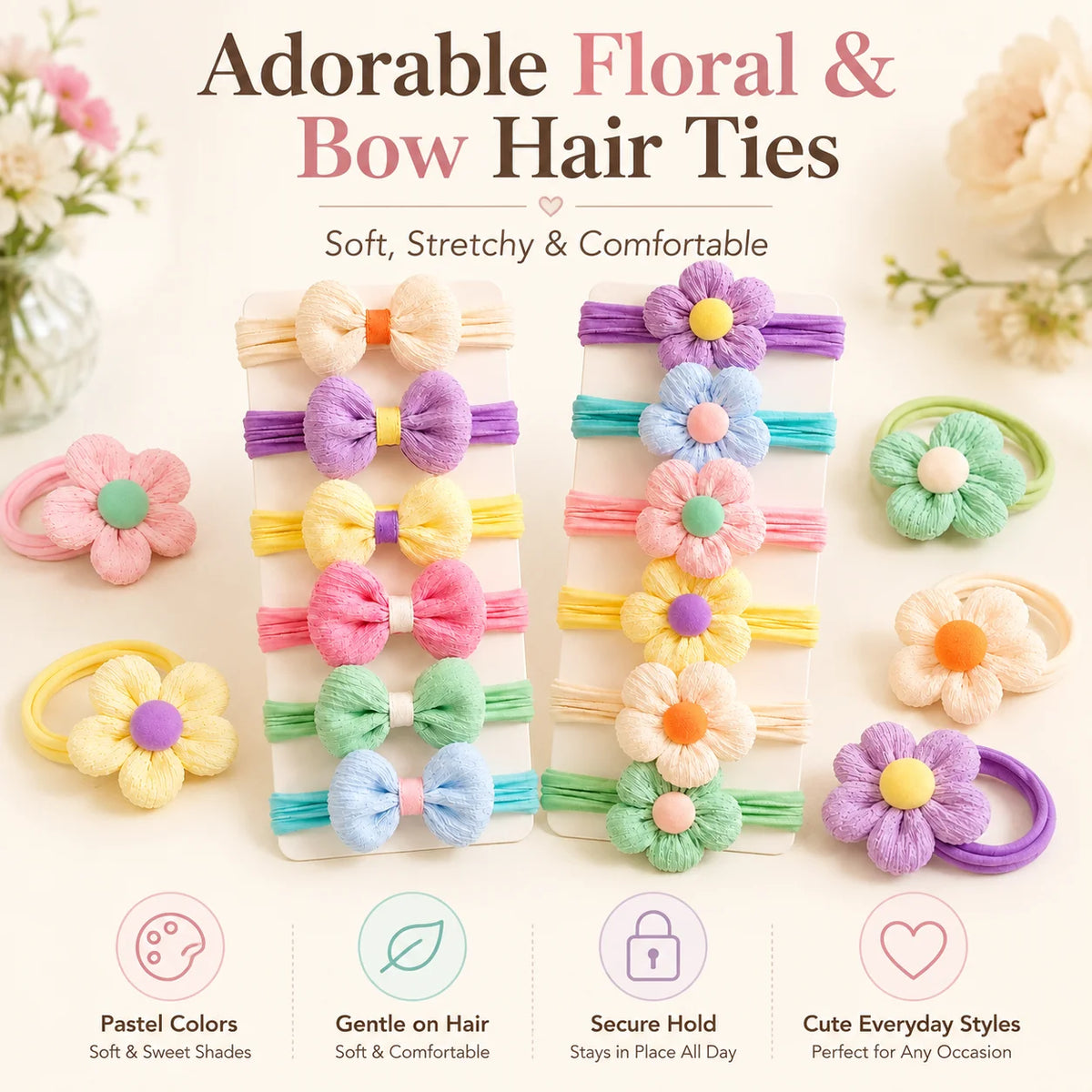 Flower Bow Hair Ties for Girls, 12 Pack