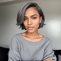 Salt And Pepper Short Pixie C Part Cut Glueless 5x5 Closure Lace Wig 100% Human Hair Sweet T 52