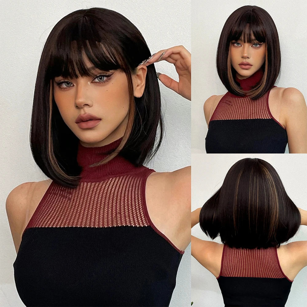 Short Straight Synthetic Wigs for Women with Bangs - Short Straight Bob Hair Wigs