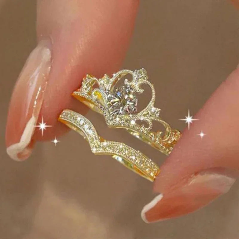 Crystal Crown Ring Set, 2 Pieces, Stainless Steel